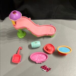 LPS Littlest Pet Shop Playground slide, bird bath, scoop, dog bed, hat, barrel +